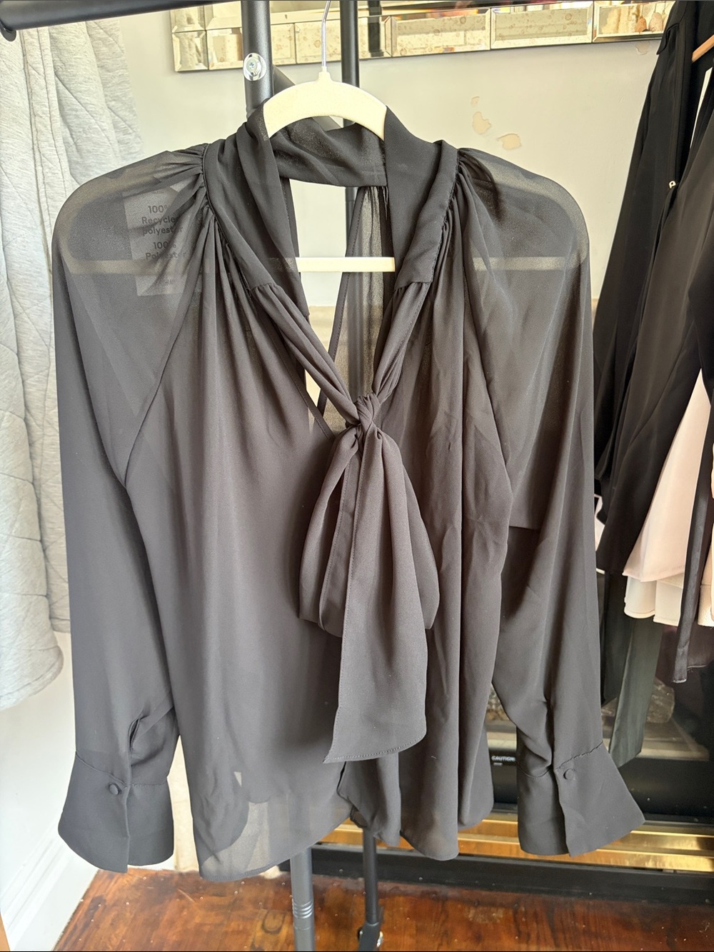 H&M Black Sheer Tie-Neck Long Sleeve Blouse